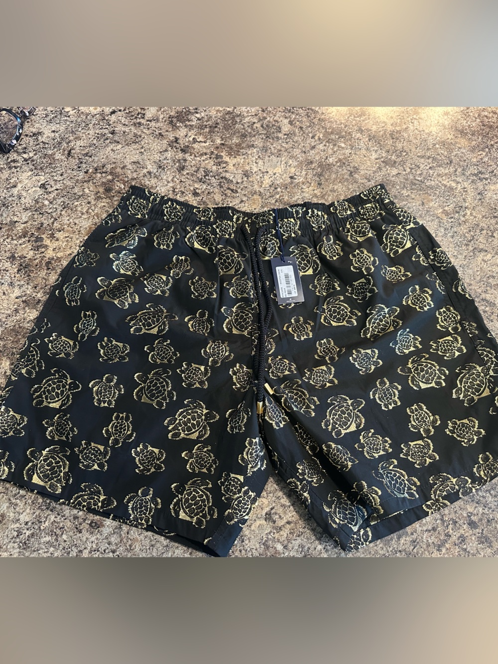 Vilebrequin Black Swim Trunks with Gold Turtle Print